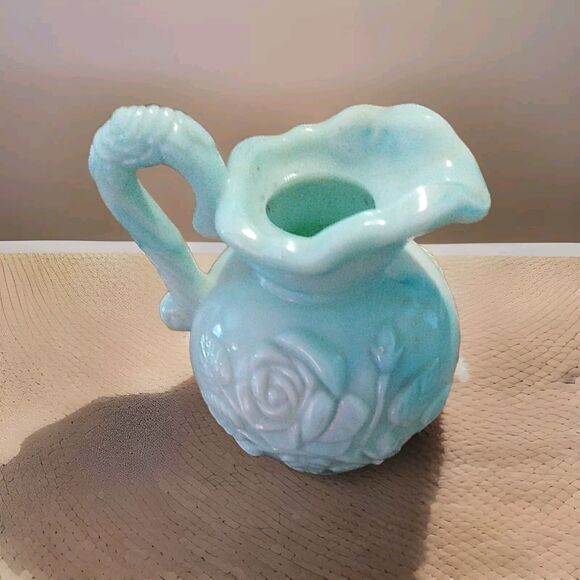 Vintage 1970's Avon Turquoise Blue Green Milk Glass Pitcher Perfume Bath Bottle - Picture 1 of 3
